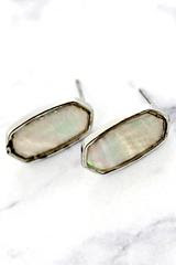 Silvertone Trimmed Mother of Pearl Elongated Hexagon Stud Earrings