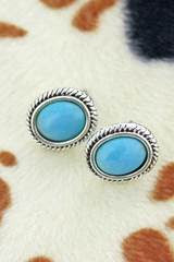 Silvertone Framed Turquoise Oval Stud Earrings