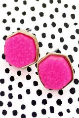 Neon Pink Druzy Hexagon Stud Earrings